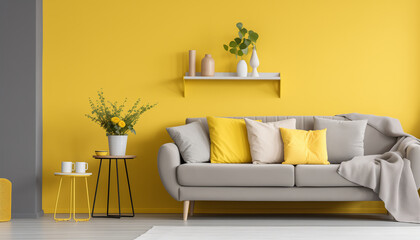 Wall Mural - Bright yellow living room interior with a comfortable sofa stylish furniture and yellow accessories