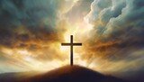 Fototapeta  - silhouette of a cross against a background of thunderclouds and light calvary easter concept resurrection of jesus