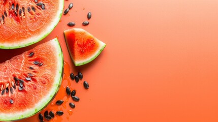 Wall Mural - slices of watermelon on an orange background with seeds and seeds on the bottom of the sliced watermelon.