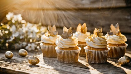 Sticker - easter cupcakes on wooden background