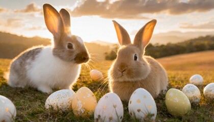 some rabbits in front of easter eggs