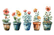 A colorful painting featuring four pots filled with a variety of blooming flowers, showcasing natures beauty and splendor