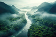 A breathtaking aerial view captures the lush landscape, with the winding river cutting through the dense green jungle below, creating a scenic and captivating vista.