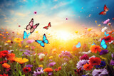 Fototapeta Paryż - Colorful butterflies flutter among the blossoms in a vibrant meadow garden, adding beauty to the natural landscape.