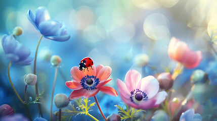 Poster - Beautiful flowers anemones and ladybug in spring nature outdoors against blue sky, macro, soft focus. Generative Ai