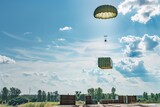 Fototapeta Uliczki - Airdrop operation delivering humanitarian or military supplies from aircraft via parachutes, with cargo landing to ground. Logistical operation aiding those in need or supporting military missions.
