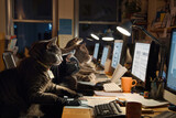Fototapeta Boho - A cat in an office setting, surrounded by files and books, exhibiting anthropomorphic traits.


