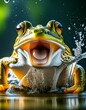 Splashy Surprise: Frog with Mouth Agape Splashing in Water