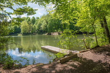 Wall Mural - idyllic lake Thanninger Weiher, shore with boardwalk and trees with green leaves around