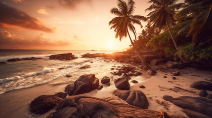 Wall Mural - Tropical paradise beach with palm trees at sunset. AI Generated