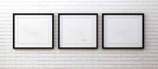 Wall Mural - Three blank frames are suspended on a brick wall, with a contrasting white brick background