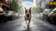 A fast dog running through the city in the middle of a rainbow. Healthy fluffy pet dog cat running fast on a run. pet, dog, fast, speed, fun, happy, animal, looking at camera