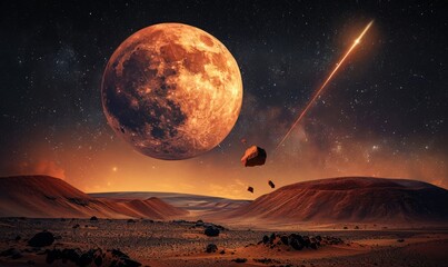 Wall Mural - A Meteor Racing Across a Star-filled Sky Above the Red Desert Terrain of a Mars-like Planet, Generative AI