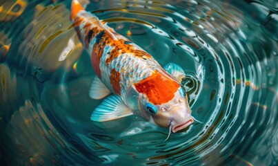 Wall Mural - Close-up of colorful koi fish swimming in the clear waters of a spring lake