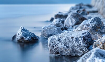 Wall Mural - Close-up of frost-covered rocks along the edge of a frozen lake