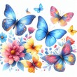 Colorful watercolor butterflies, isolated on a white background, featuring vibrant shades of blue, yellow, pink, and red, creating a cheerful spring illustration.