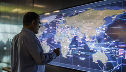 Wall Mural - interactive screen in the office of a logistics company with diagrams of cargo routes across the world's oceans and continents