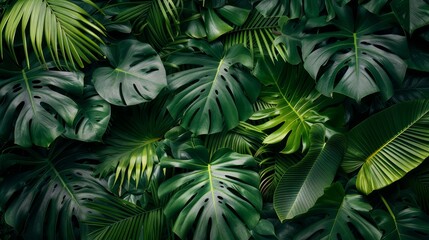  Lush Tropical Backdrop with Monstera, Palm Fern, and Ornamental Plants Generative AI