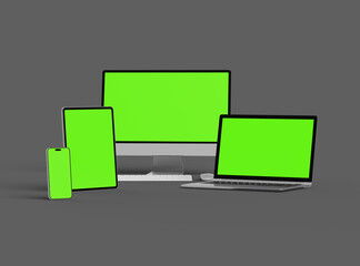 3d render of desktop, laptop, smartphone and tablet on a dark background