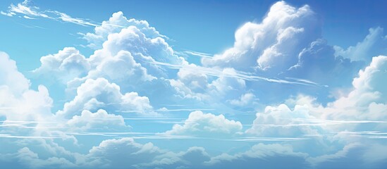 Wall Mural - an airplane flies gracefully in the sky filled with fluffy clouds under the warm sun, embraced by th
