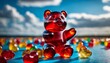 A red gummy bear stands out amidst a colorful sea of assorted gummy candies under a vibrant blue sky, portraying a sweet and playful theme.