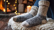close up feet in wool socks