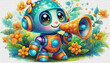 Oil painting style CARTOON CHARACTER CUTE baby Human droid robot was holding a megaphone 