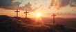 Three crosses on sacred Jerusalem mountain at sunset, easter concept for resurrection of Jesus Christ. Sacred symbolic crucifix during sunrise, holy sacrifice on meadow. 3d render - Generative AI