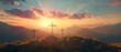 Three crosses on sacred Jerusalem mountain at sunset, easter concept for resurrection of Jesus Christ. Sacred symbolic crucifix during sunrise, holy sacrifice on meadow. 3d render - Generative AI