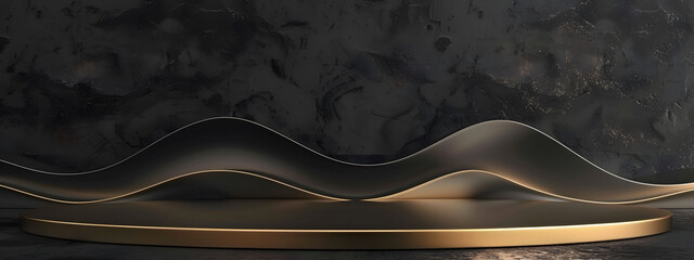 Wall Mural - A minimalistic abstract background for product presentations, featuring a black and gold podium. Black background with golden lines and podium for product presentation, luxury premium design.