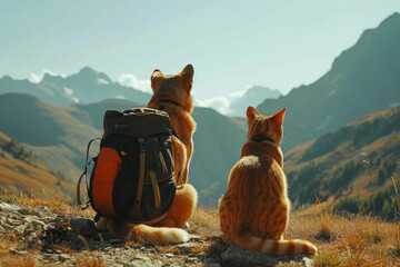 A cat and a dog hike together with backpacks as companions.

