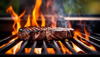 Wall Mural - Juicy steak with grill marks sizzling over an open flame, capturing the essence of outdoor cooking and BBQ