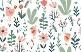 Fototapeta Boho - Seamless vector pattern with hand drawn chicken and flower.