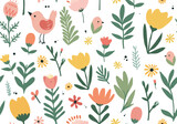 Fototapeta Boho - Seamless vector pattern with hand drawn chicken and flower