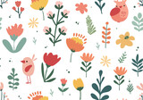 Fototapeta Boho - Seamless vector pattern with hand drawn chicken and flower