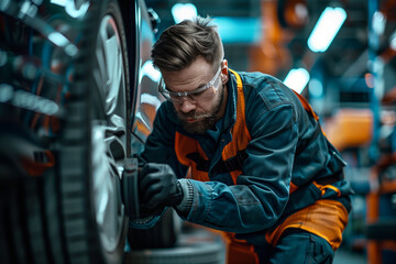 Poster - Man Repairing Car in Factory