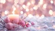 Pink Candles With Decorations, snow decorations ,blur background
