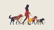 Silhouette  woman walking dogs. Pet care, animal exercise, urban life.