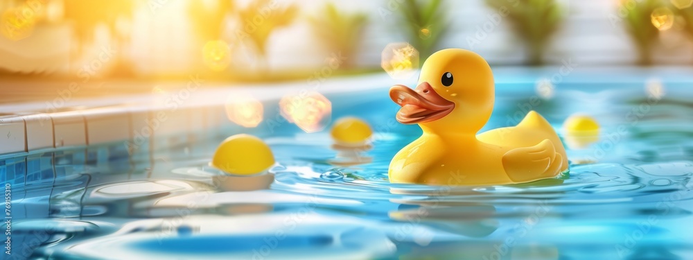 Sunny yellow rubber duck floating on water in the pool with glimmering ...