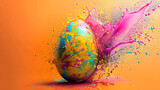 Fototapeta  - easter egg in a color explosion or splash on orange background