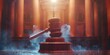 A 3D image of a wooden judges gavel symbolizing law and justice in a courtroom setting. Concept Law, Justice, Courtroom, Gavel, 3D Image