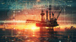 Silhouette of oil rig with an overlay of energy plans and drawings sunset background, concept - environment and Energy crisis.