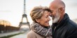 Happy seniors couple on travel holiday in Paris with the Eiffel tower in the background. Generative AI.