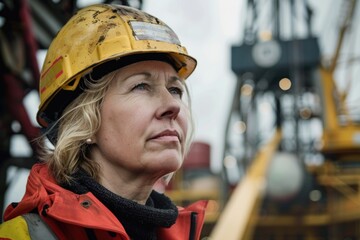 Poster - Portrait of a middle aged female worker on a oil platform