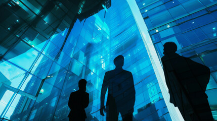 Silhouetted architects, modern glass building, blue sky – business, corporate, life concept, teamwork, professional setting