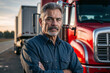 Portrait of experienced truck driver a man wearing stands in front of a red semi truck