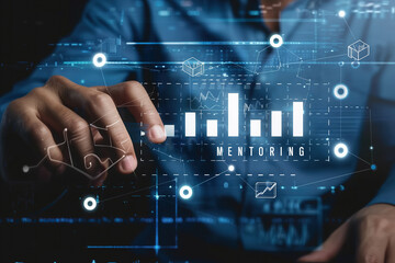 A businessman is interacting with a bar chart displayed on a touch screen, analyzing data and making decisions.