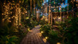 Evening in magical garden with string lights adorning the path and plants creating whimsical outdoor space