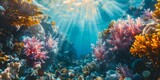 Fototapeta Do akwarium - The vibrant, rough texture of a coral reef, captured underwater with the sunlight through the ocean surface. Highlights the diverse ecosystem and structure created with Generative AI Technology