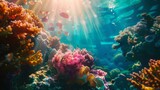 Fototapeta Fototapety do akwarium - The vibrant, rough texture of a coral reef, captured underwater with the sunlight through the ocean surface. Highlights the diverse ecosystem and structure created with Generative AI Technology